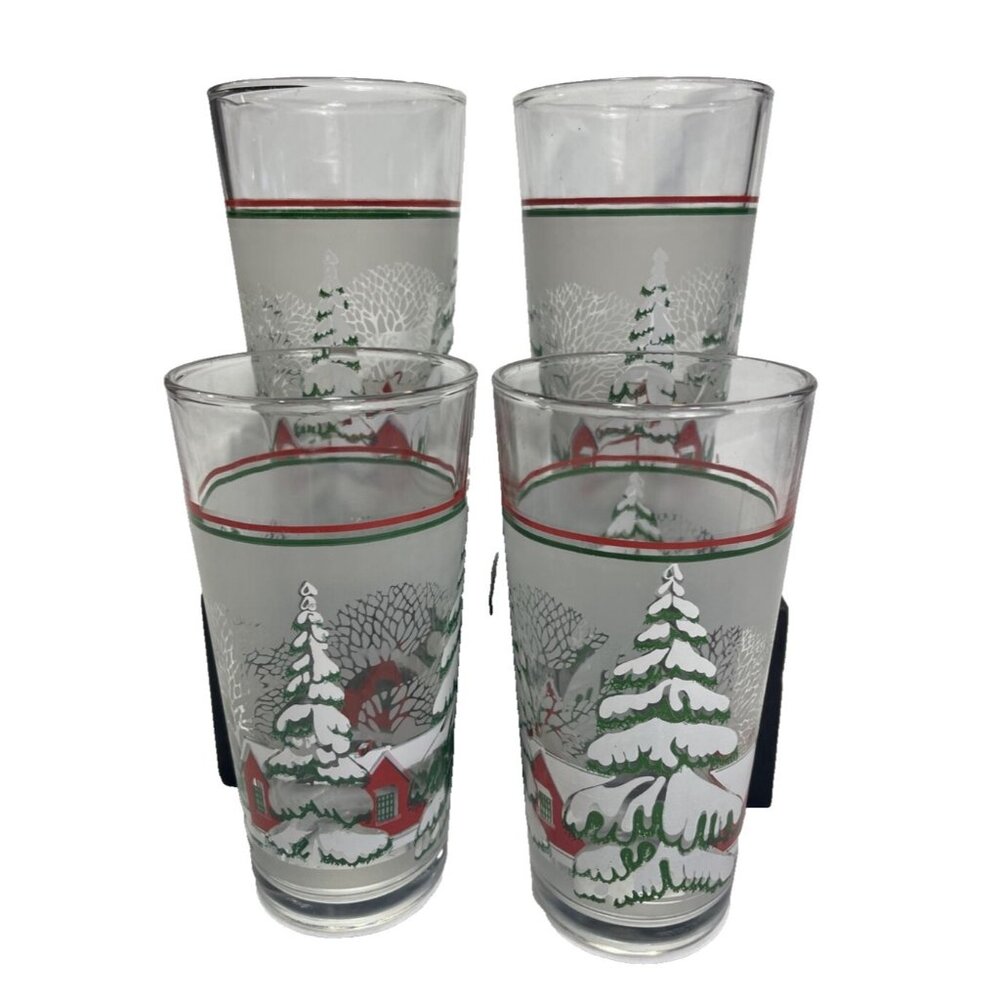 4 Vintage KIG Christmas Tree Snow Scene Cabin Frosted & Clear Glass Tumblers 6"